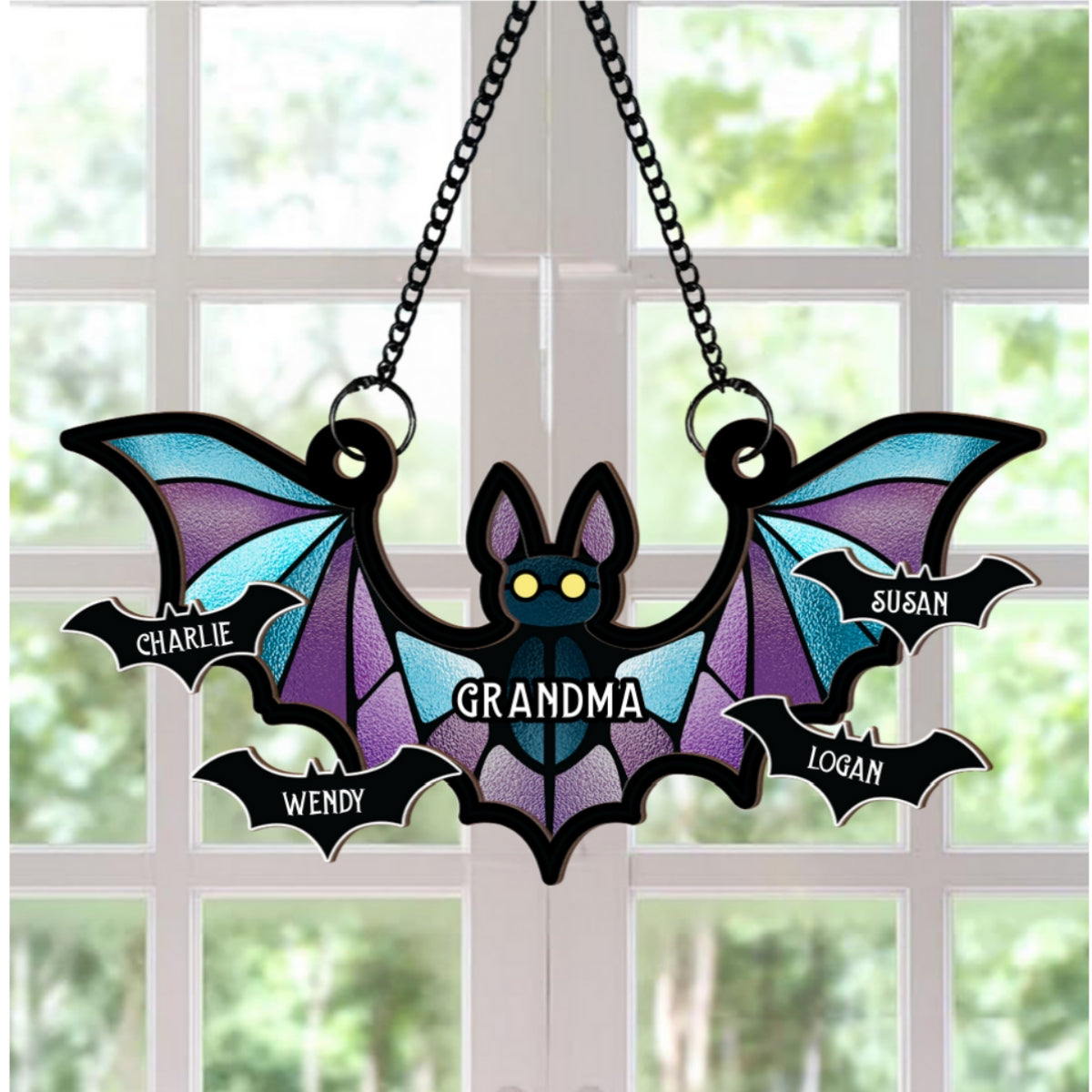 Grandma Spooky Bat Personalized Window Hanging Suncatcher Ornament, Halloween Decor