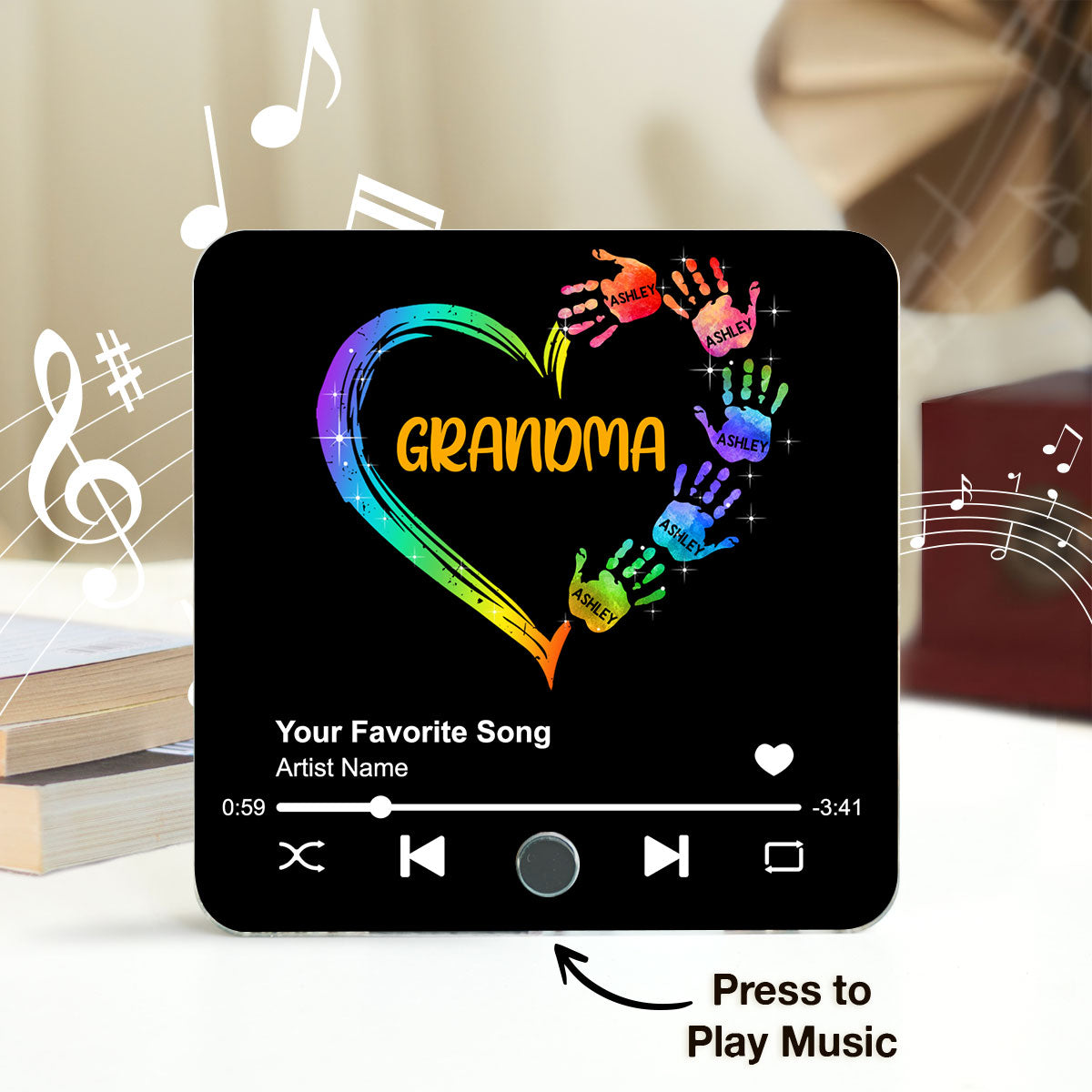 Grandma Mom Heart Hand Print Personalized Music Fridge Magnet, Heartfelt Gift for Grandma, Mom