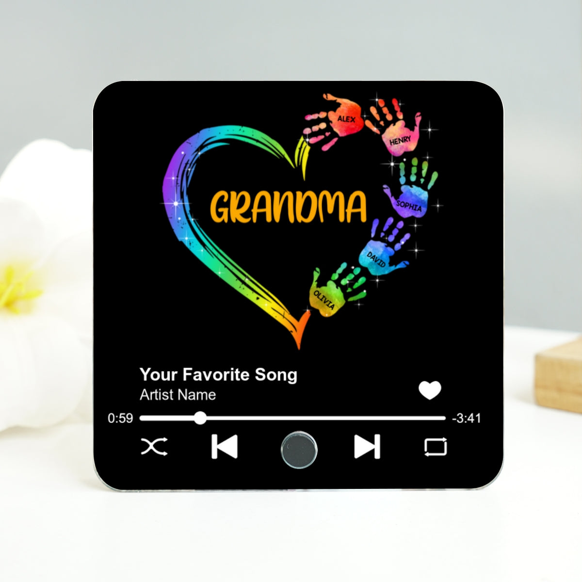 Grandma Mom Heart Hand Print Personalized Music Fridge Magnet, Heartfelt Gift for Grandma, Mom